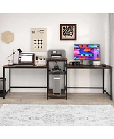 97 Inch Two Person Desk Double Computer Desk with Power Outlets Printer Stand