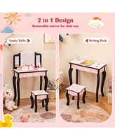 2-in-1 Princess Dressing Table Writing Desk with Cute Leopard Print and 3 Makeup Accessories Fun Vanity Set for Kids