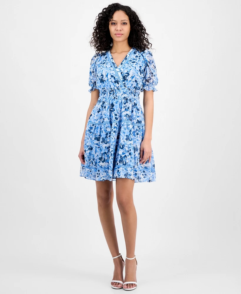 Taylor Women's Printed Smocked-Waist Fit & Flare Dress