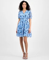 Taylor Women's Printed Smocked-Waist Fit & Flare Dress