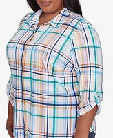 Alfred Dunner Plus Nantucket Plaid Knit Button Front Collared Top