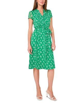Msk Petite Printed Split-Neck Tie-Waist Short-Sleeve Dress