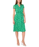 Msk Petite Printed Split-Neck Tie-Waist Short-Sleeve Dress