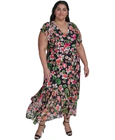 Tommy Hilfiger Plus Floral-Print Mixed-Media Maxi Dress