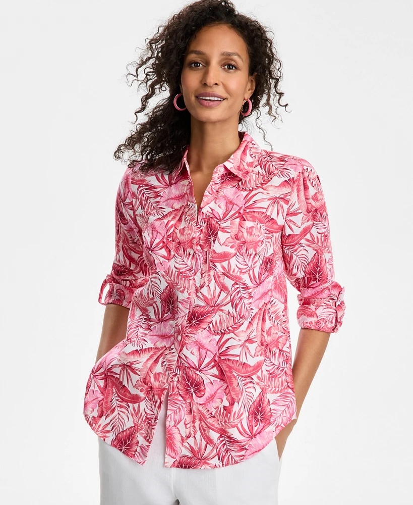 Charter Club Women's Linen Palm-Print Roll-Tab Shirt, Exclusively at Macy's