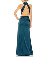 Women's Open Back High Neck Side Ruched Gown