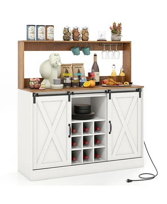 Farmhouse Coffee Bar Cabinet with Charging Station and Sliding Barn Doors