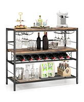 4-Tier Bar Table with Wine Rack and 4 Rows of Glass Holders for Home Bar Storage