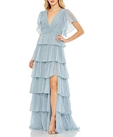 Mac Duggal Women's Flutter Sleeve Ruffle Tiered Gown