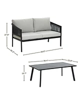 LuxenHome Outdoor Black Steel with Pe Rope Loveseat with Cushions and Coffee Table Set