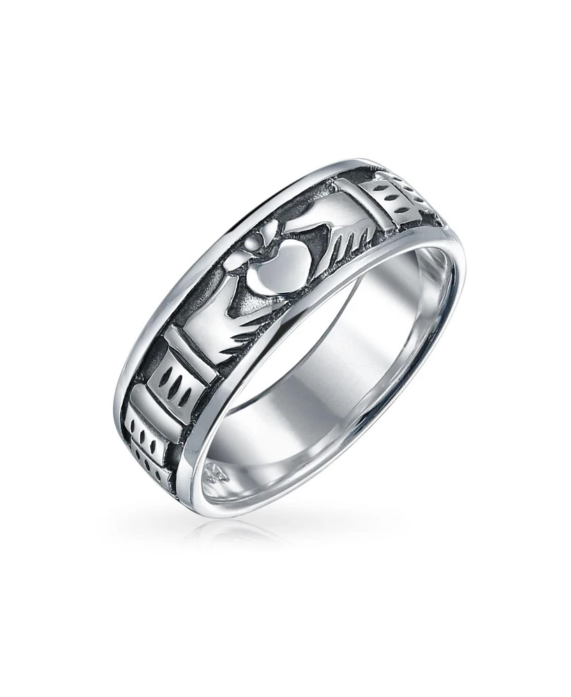 Bling Jewelry Unisex Celtic Claddagh Band Silver Ring for Couples Oxidized Sterling