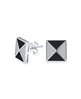 Bling Jewelry Black Royal Blue Cz Stud Earrings, Geometric Pyramid Square, Sterling Silver 11MM