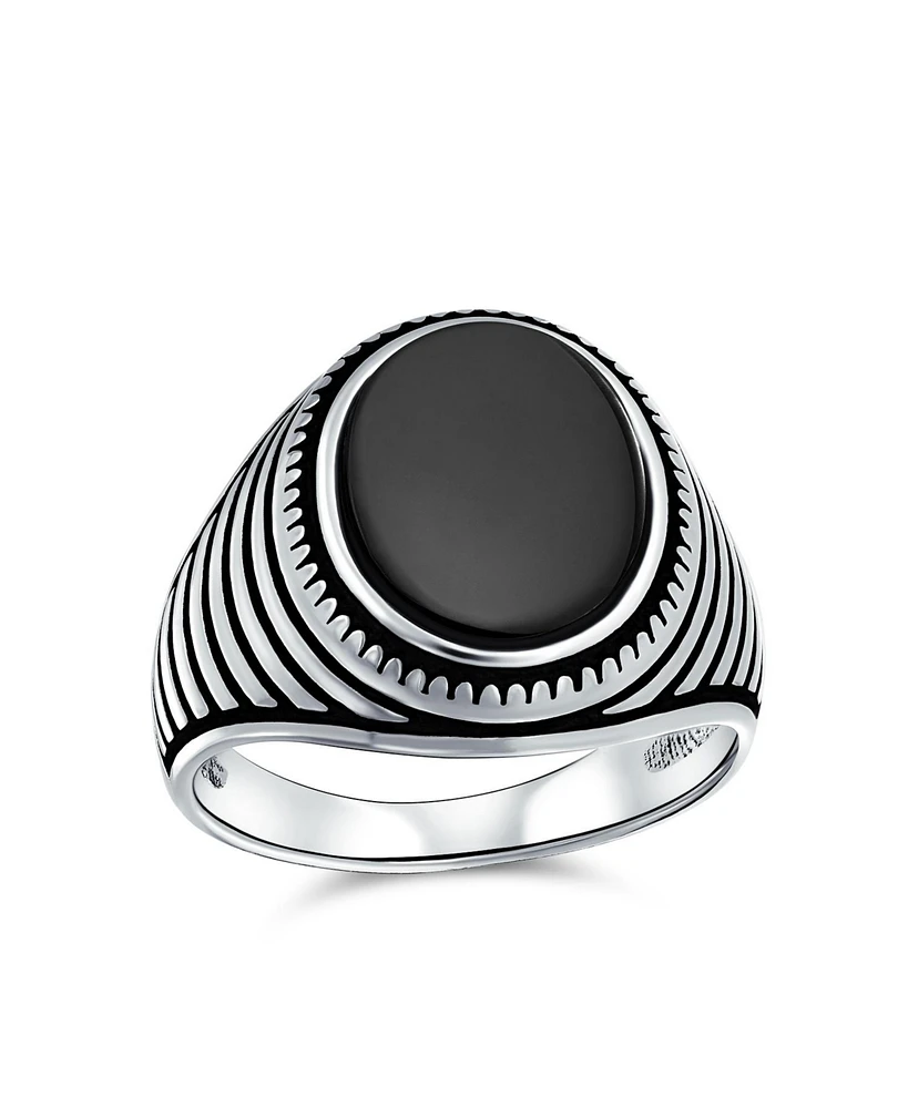 Bling Jewelry Retro Grooved Mens Silver Ring with Black Onyx Square Signet Sterling Silver Band