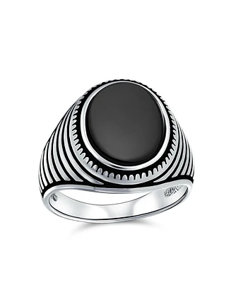 Bling Jewelry Retro Grooved Mens Silver Ring with Black Onyx Square Signet Sterling Band