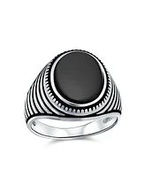 Bling Jewelry Retro Grooved Mens Silver Ring with Black Onyx Square Signet Sterling Band