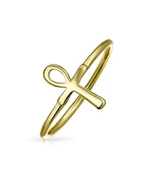 Bling Jewelry Minimalist Silver Ring with Egyptian Ankh Cross 14K Gold Plated Sterling Band