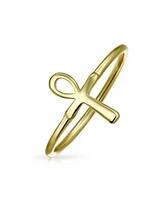 Bling Jewelry Minimalist Silver Ring with Egyptian Ankh Cross 14K Gold Plated Sterling Band
