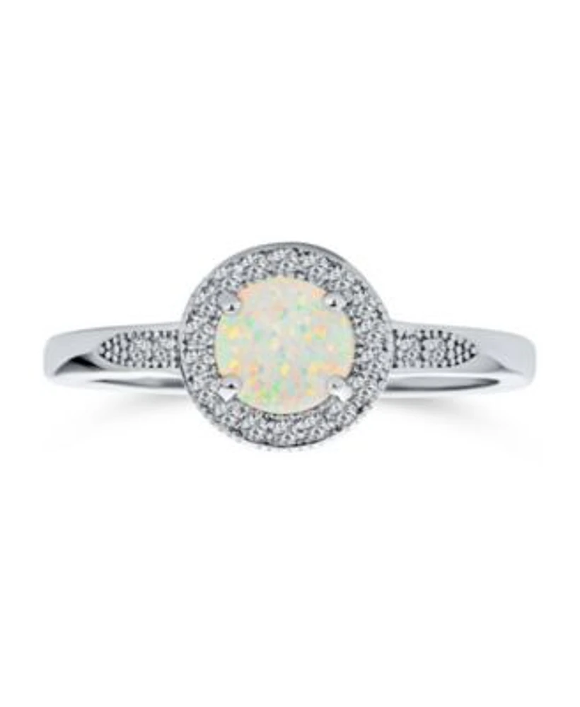 Bling Jewelry Petite Dainty Cz Halo Circle 1CT Round Solitaire Created White Opal Promise Ring With Side Stone Accent Ring .925 Sterling Silver