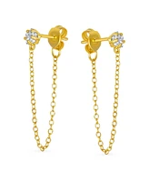 Bling Jewelry Minimalist 4MM Star Cz Stud Earrings with Delicate Chain in 14K Gold or Silver
