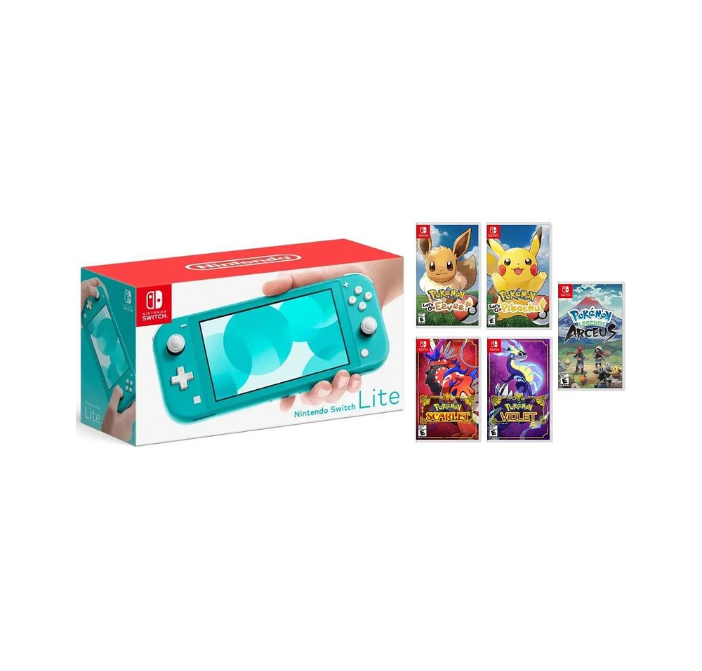 Nintendo Switch Lite Turquiose Pokemon Bundle With Legends Arceus , Scarlet , Violet, Let's Go Pikachu, & Let's Go Evee