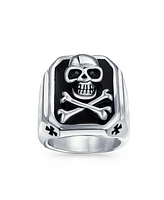 Bling Jewelry Mens Stainless Steel Black Pirate Skull Crossbones Signet Ring Silver Tone