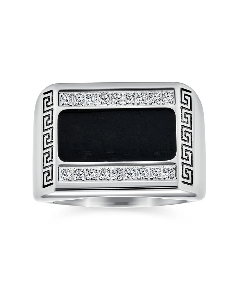 Bling Jewelry Mens Stainless Steel Geometric Greek Cz Accent Black Rectangle Signet Ring Silver Tone