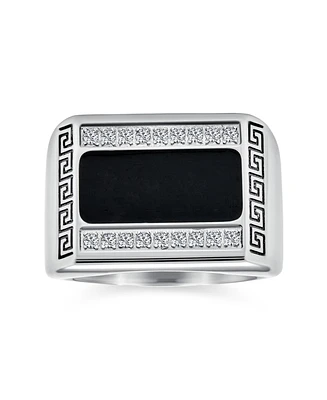 Bling Jewelry Mens Stainless Steel Geometric Greek Cz Accent Black Rectangle Signet Ring Silver Tone