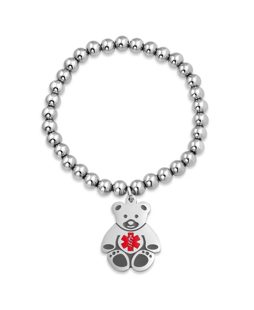 Bling Jewelry Medical Id Bracelet with Teddy Bear Charm and Silver Tone Beads