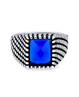 Bling Jewelry Mens Stainless Steel Blue Sapphire Signet Ring Oxidized Silver Handmade