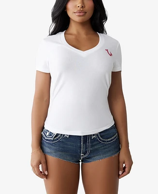 True Religion Women's Ss Crystal Logo V Neck T-Shirt