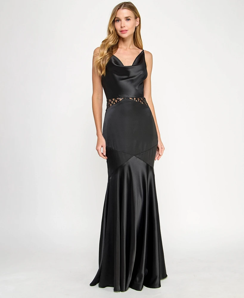 Seni & Cade Juniors' Satin Cowlneck Cutout Gown
