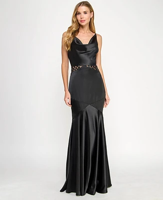 Seni & Cade Juniors' Satin Cowlneck Cutout Gown