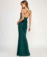 City Studios Juniors' Glittered Drape-Neck Gown