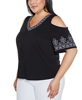 Belldini Plus Black Label Embroidered Cold-Shoulder Knit Top