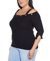 Belldini Plus Black Label Rhinestone Grommet Cold-Shoulder Sweater