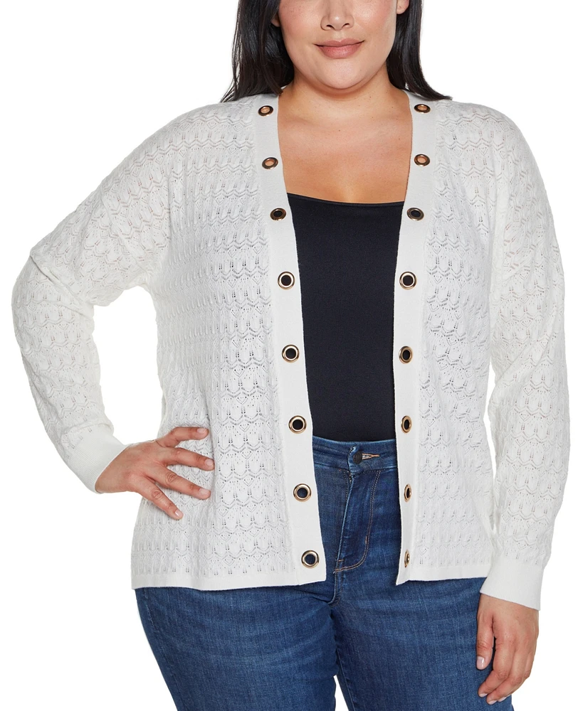 Belldini Plus Black Label Pointelle and Grommet Open Cardigan Sweater