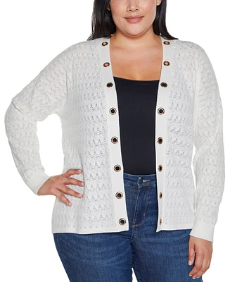 Belldini Plus Black Label Pointelle and Grommet Open Cardigan Sweater