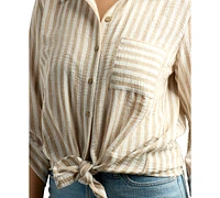 Bcx Juniors' Striped 3/4-Sleeve Tie-Front Shirt