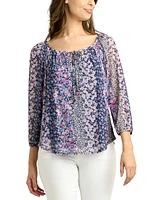 Bcx Juniors' Printed Mesh 3/4-Sleeve Peasant Top