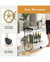 2-Tier Tempered Glass Bar Cart with 2 Large Aluminum Wheels and 2 Rolling Casters