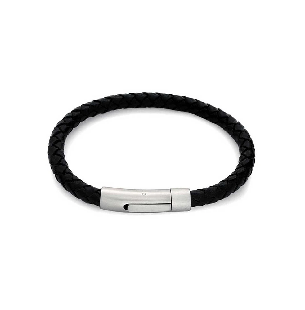 Bling Jewelry Black Woven Leather Cuff Bracelet with Stainless Barrel Clasp