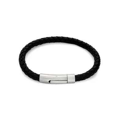 Bling Jewelry Black Woven Leather Cuff Bracelet with Stainless Barrel Clasp Men