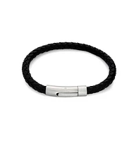 Bling Jewelry Black Woven Leather Cuff Bracelet with Stainless Barrel Clasp