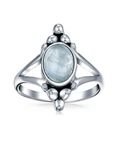 Bling Jewelry Boho Bali Style Oval Statement Blue Lapis Lazuli Moonstone Stone Ring Split Shank Band Oxidized .925 Sterling Silver