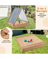 Sandbox with Cover and 2 Bench Seats Outdoor Wooden Play Sandpit for Kids