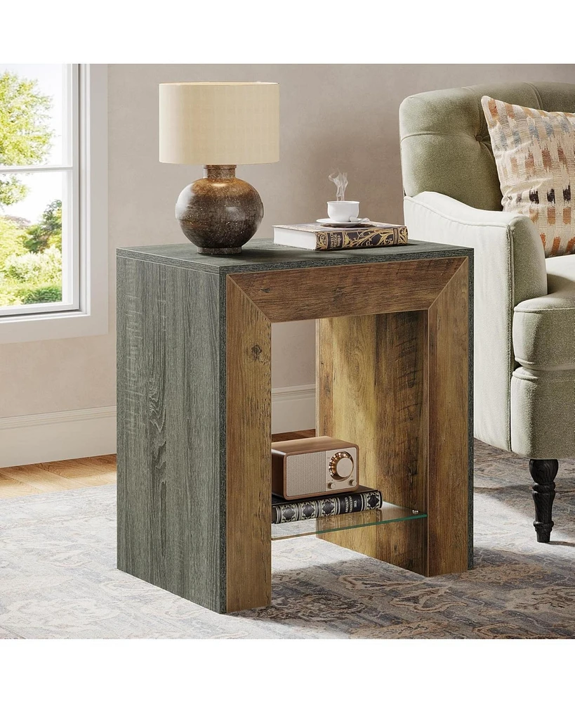 Tribesigns 2-Tier End Table for Living Room with Glass Storage Shelf, Modern Wood Night Stand for Bedroom, Small Place, Grey+Brown