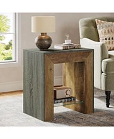 Tribesigns 2-Tier End Table for Living Room with Glass Storage Shelf, Modern Wood Night Stand for Bedroom, Small Place, Grey+Brown