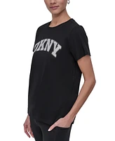 Dkny Women's Active Rhinestone-Logo Distressed Crewneck Cotton T-Shirt