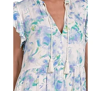 Elan Women's Printed Ruffle-Sleeve Tassel-Tie Maxi Dress