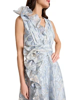 Tahari Women's V-Neck Ruffled Sleeveless Midi Dress